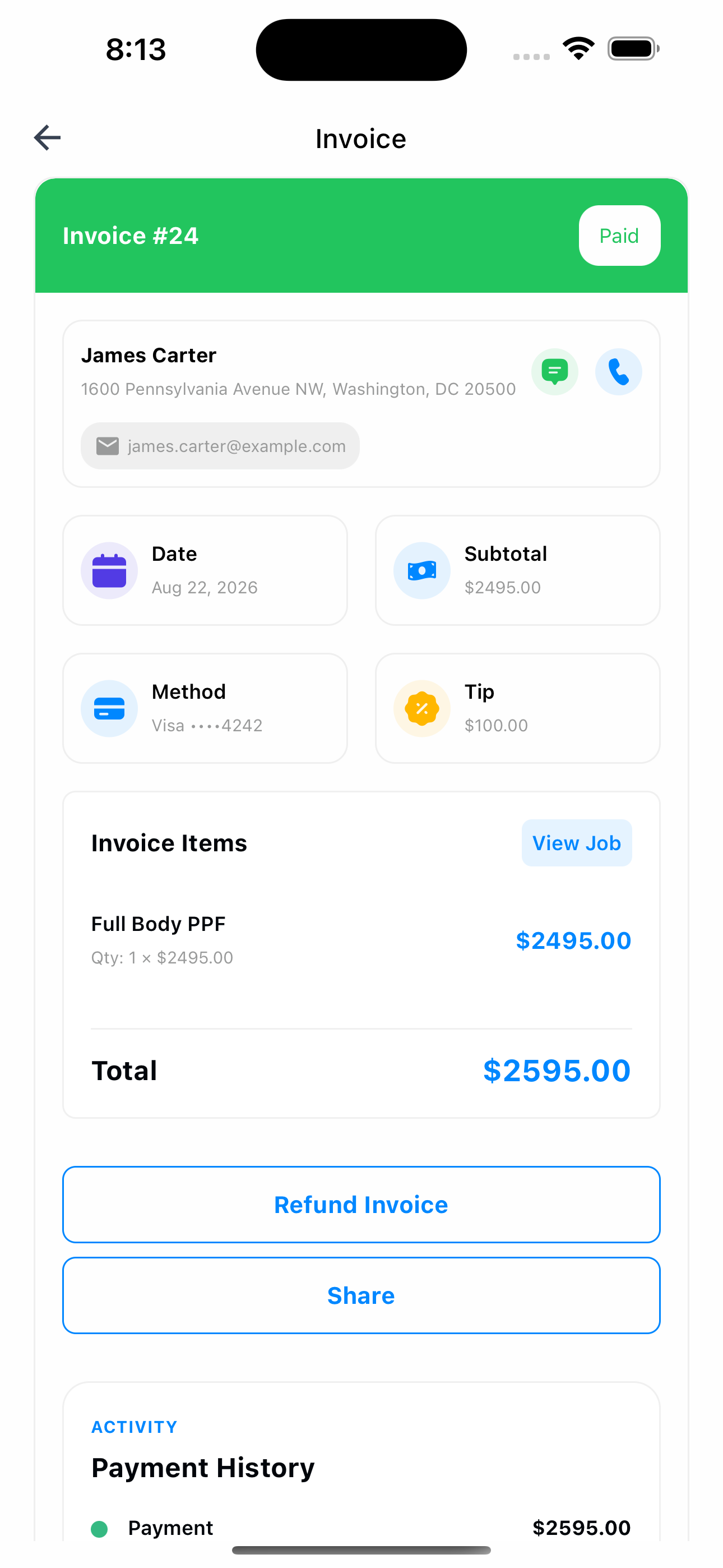 Paid invoice in Refine for an auto detailing job